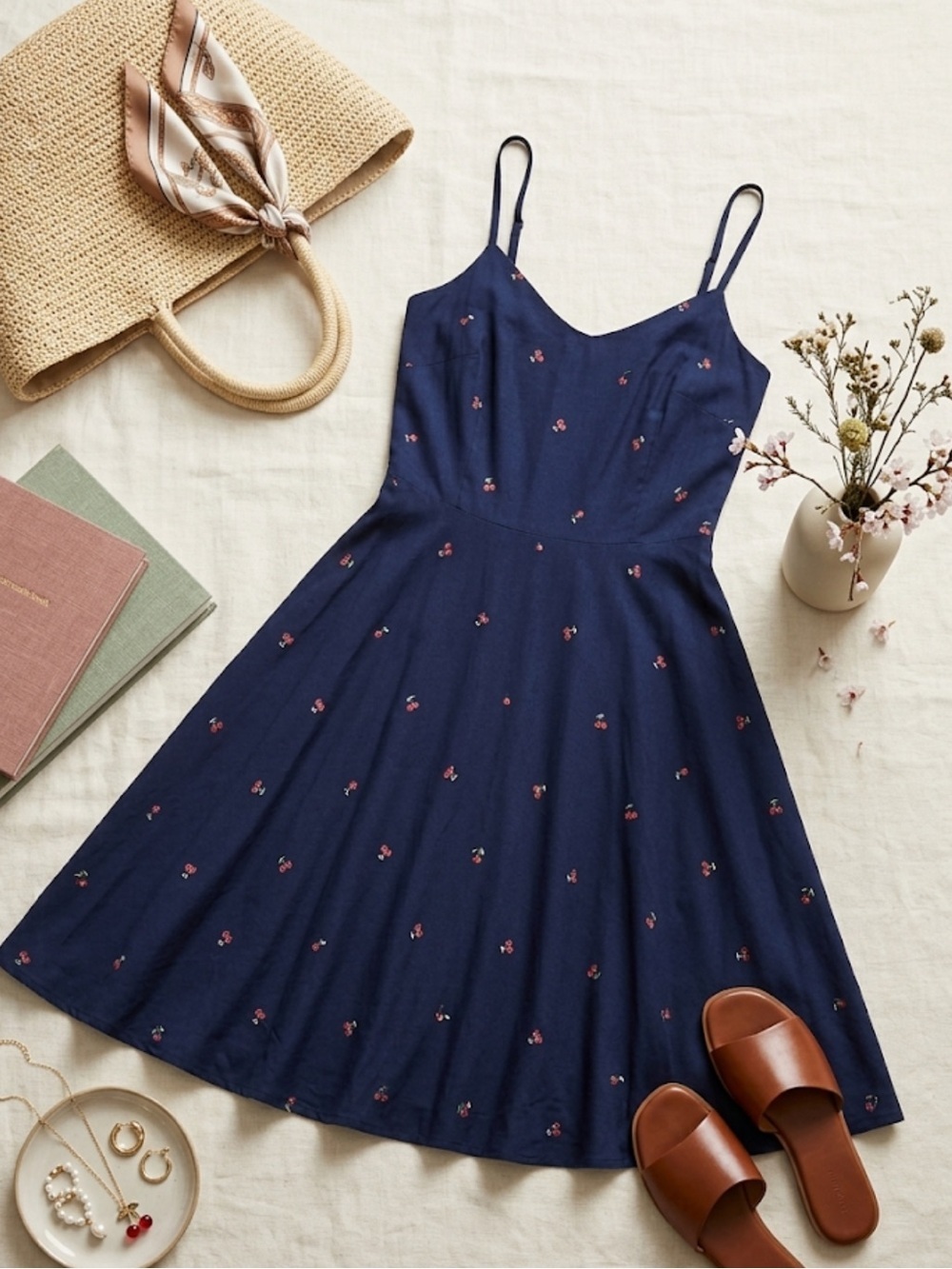 Gap Navy Spaghetti Strap Cherry Print Dress | Y2K Fruit Print Summer Midi